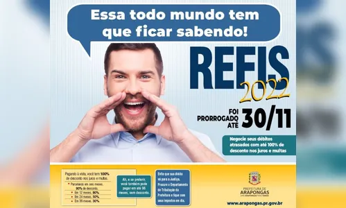 Arapongas: Pagamento do REFIS 2022 pode ser efetuado até 30/11