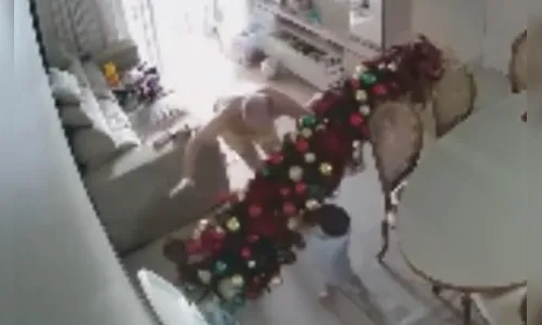 Criança puxa enfeite, árvore cai e avô sofre tombo; vídeo viraliza