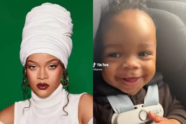 Filho de Rihanna aparece sorridente preso a uma cadeira no banco de trás de um carro