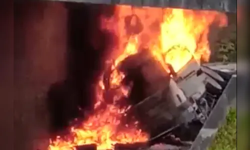 Vídeo: Caminhão pega fogo ao tombar e bater contra viaduto na BR-376