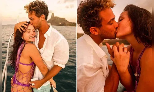 Nas fotos, Larissa Manoela e André Frambach aparecem em um barco, em Fernando de Noronha