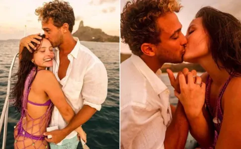 Nas fotos, Larissa Manoela e André Frambach aparecem em um barco, em Fernando de Noronha