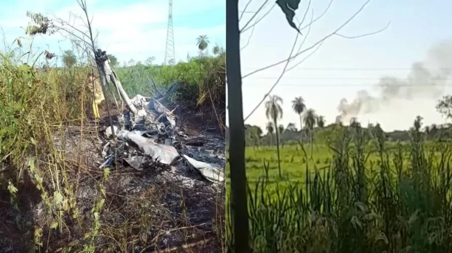 O helicóptero pegou fogo após cair e ficou completamente destruído