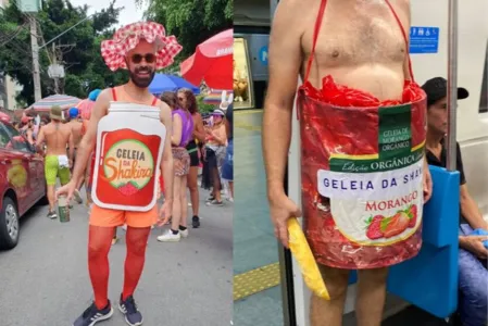 Carnaval é época de inovar nas fantasias e a galera resolveu se vestir de geleia de morango da Shakira