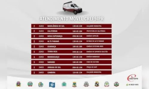 Atendimento móvel CREF9/PR estará em Marilândia nesta terça-feira (21)