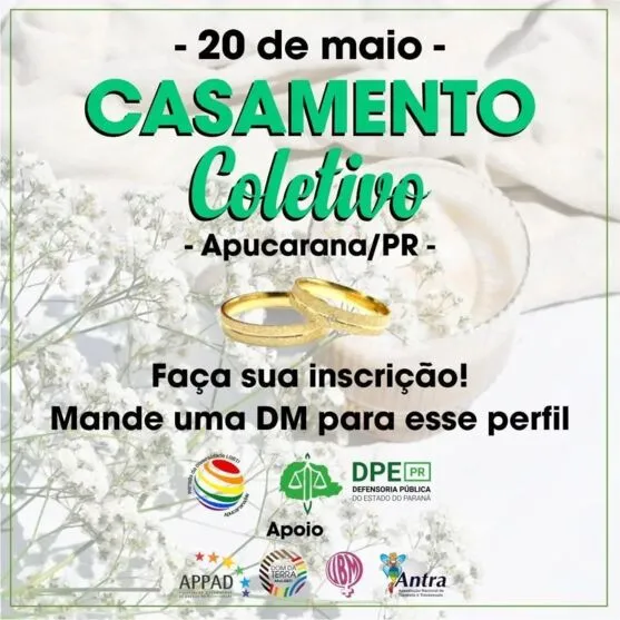 As inscrições para o segundo casamento coletivo LGBTI+ do Paraná, que acontece em Apucarana, no norte do Estado, estão abertas