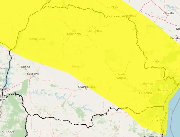 A faixa amarela mostra a área que pode registrar temporal