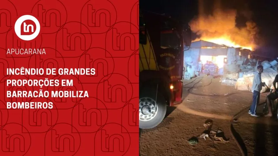 Incêndio de grandes proporções em barracão mobiliza Bombeiros