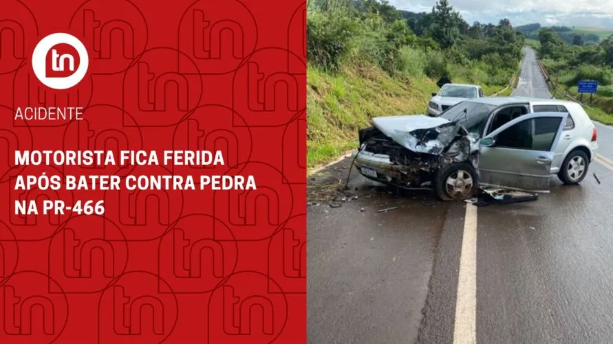 Motorista fica ferida após bater contra pedra na PR-466