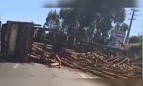Caminhão carregado com toras tomba na BR-376, no Vale do Ivaí