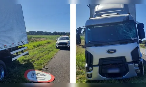 Motorista perde controle e colide contra placa na PR-444 em Arapongas