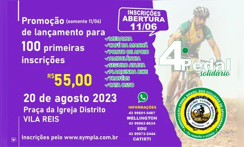 Pedal solidário será realizado em Apucarana; inscrições estão abertas