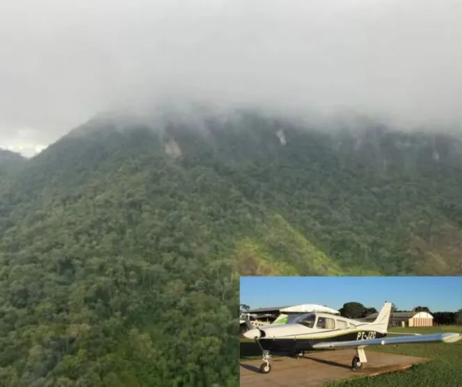 Buscas ocorrem na Serra da Prata, no Litoral do Paraná; no detalhe, o modelo do avião desaparecido