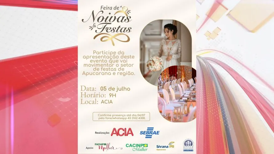 Convite com informações sobre a feira de noivas e eventos que acontece no dia 05 de julho