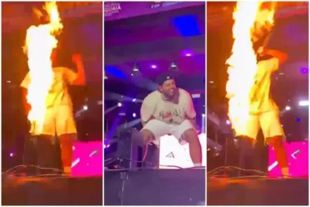 Zé Felipe durante show quando quase é atingido por fogo