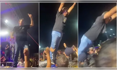 Prefeito se empolga em festa, se joga na plateia e cai no chão; vídeo