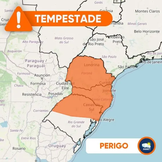 Paraná, Santa Catarina e parte do Rio Grande do Sul estão sob risco