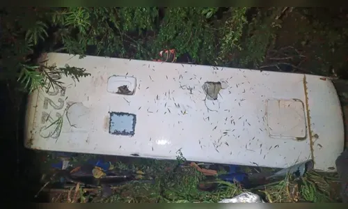 Ônibus com 25 pessoas sai da pista e tomba em rodovia do Paraná