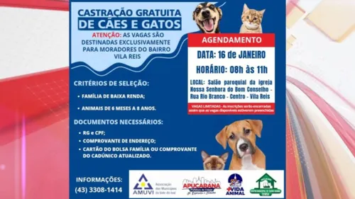 Agendamento para castração gratuita segue na Vila Reis nesta terça