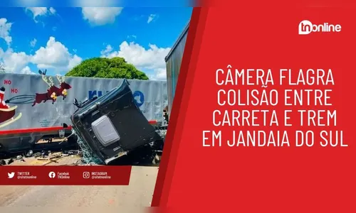 Câmera flagra batida entre carreta e trem em Jandaia do Sul