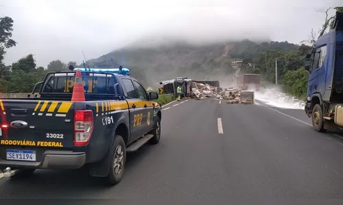 Caminhão carregado com inseticida tomba na BR-376