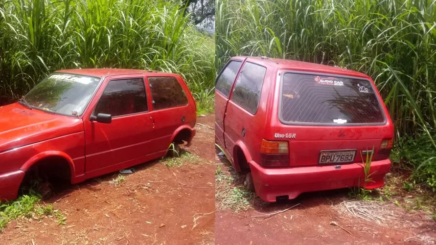 Carro foi localizado sem as rodas, bateria e aparelho de som