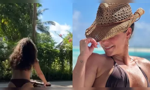 Paolla Oliveira pedala só de biquíni durante férias nas Maldivas; veja