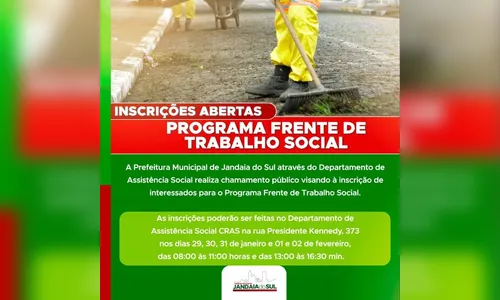 Programa Frente de Trabalho Social abre inscrições em Jandaia do Sul
