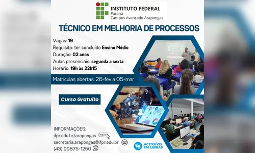 Arapongas oferta 19 vagas para curso técnico em melhoria de processos
