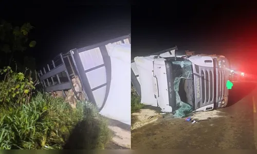 Prejuízo grande: caminhão com 60 bois da raça Nelore tomba na PR-436