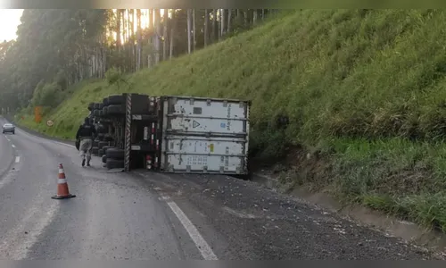 Caminhão carregado com carne de frango tomba na BR-376