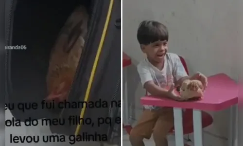 Criança viraliza ao levar galinha escondida na mochila para a escola