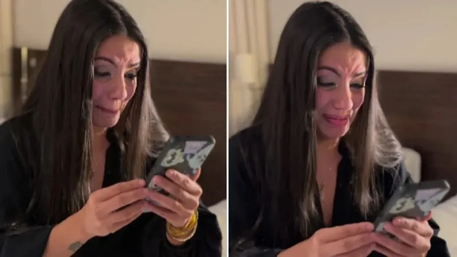Fernanda Bande chora ao ver filho em vídeo