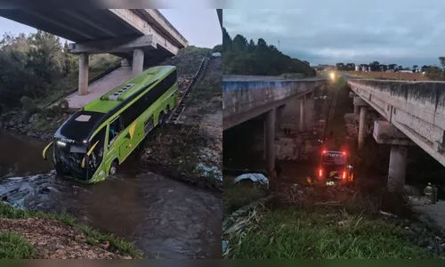 Ônibus de turismo perde controle e cai em rio na BR-376 no PR