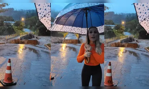 Enxurrada leva ponte durante live de prefeita no RS; veja vídeo