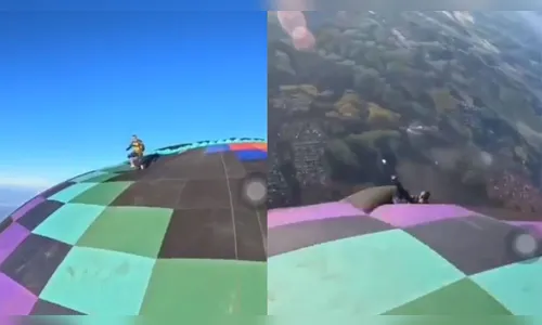 Após manobras nas alturas, paraquedista cai dentro de balão; assista