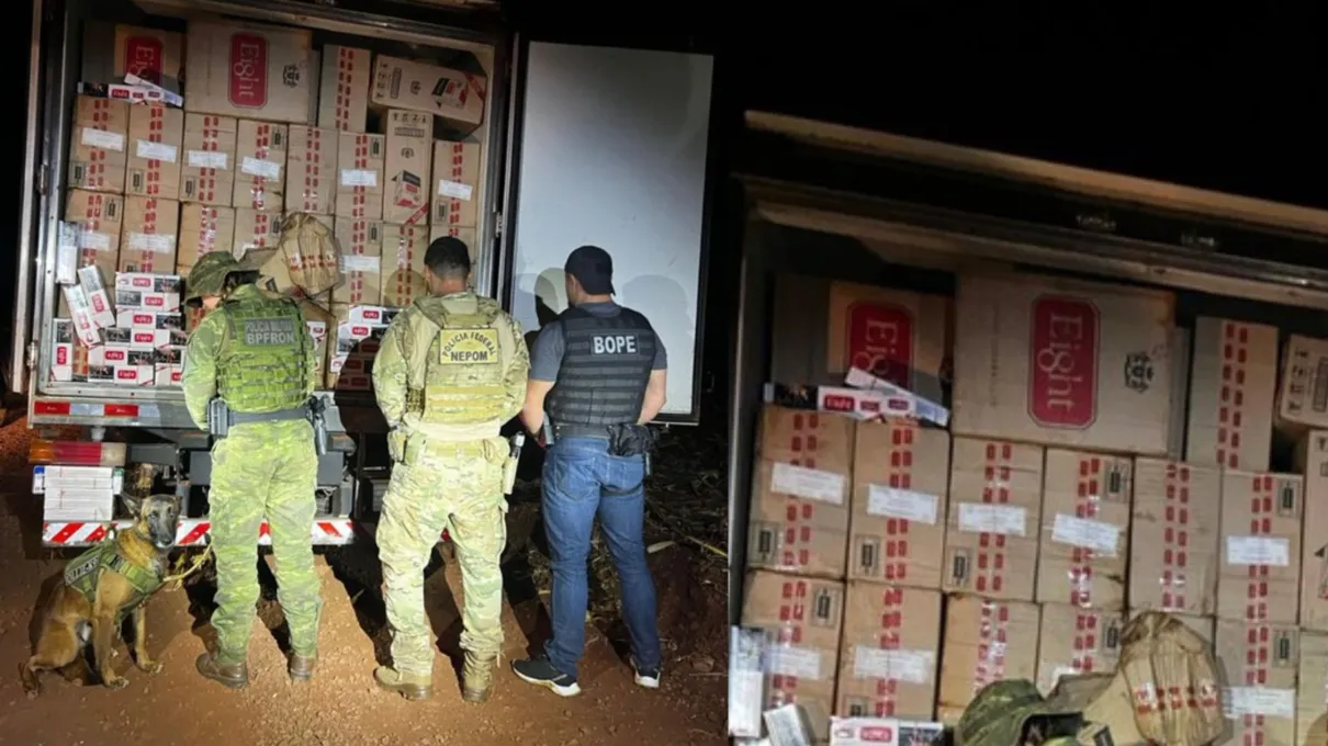 Policiais apreendem caminhão com 300 caixas de cigarros do Paraguai