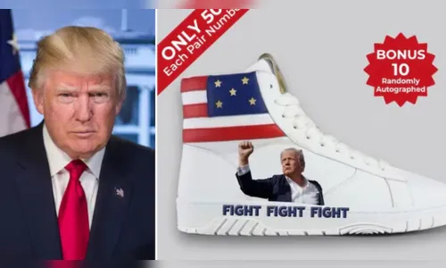 Foto de Trump ensanguentado vira estampa de tênis vendido a R$ 1,6 mil