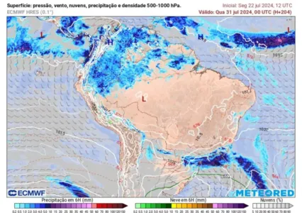 Frente fria deve atingir São Paulo e região Sul do Brasil na virada de julho para agosto