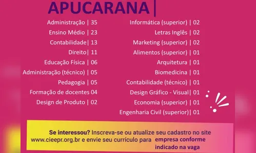 Apucarana e Arapongas têm 222 vagas de estágio remunerado; saiba mais
