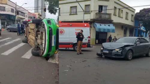 Carro da Saúde tomba após colisão com Audi A5 em Arapongas