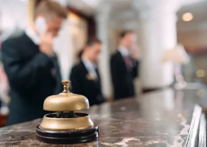 Hotel service bell Concept hotel, travel, room,Modern luxury hotel reception counter desk on background