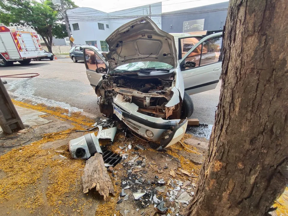 Frente do carro ficou destruída após o acidente