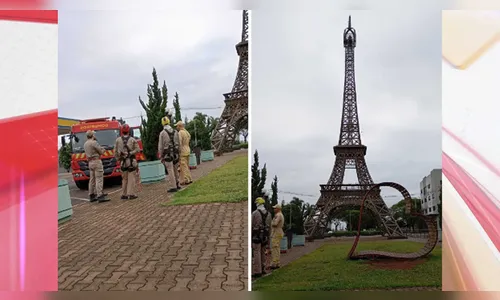 Homem sobe na réplica da Torre Eiffel e mobiliza bombeiros em Ivaiporã