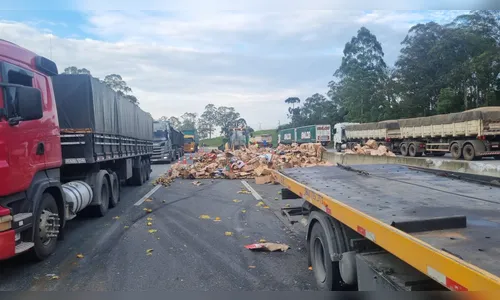 Caminhão tomba no PR e populares se arriscam para saquear mangas