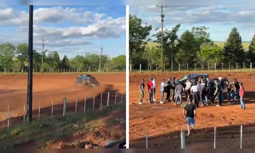 Caminhonete tomba em pista de rodeio após manobra de risco; vídeo