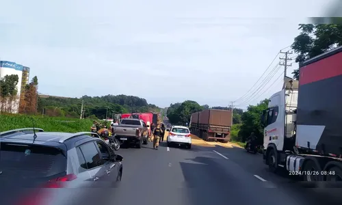 Caminhão carregado com trigo tomba e interdita BR-376
