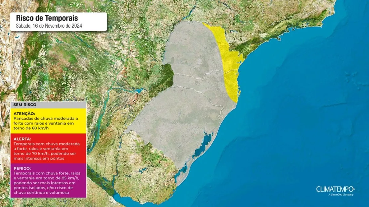 Áreas em amarelo serão atingidas por ventos fortes