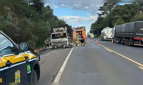 Caminhão carregado com alimentos pega fogo na  BR-277 em Guarapuava