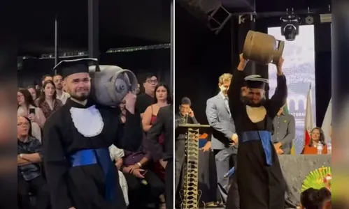 Jovem homenageia pai carregando botijão de gás durante formatura